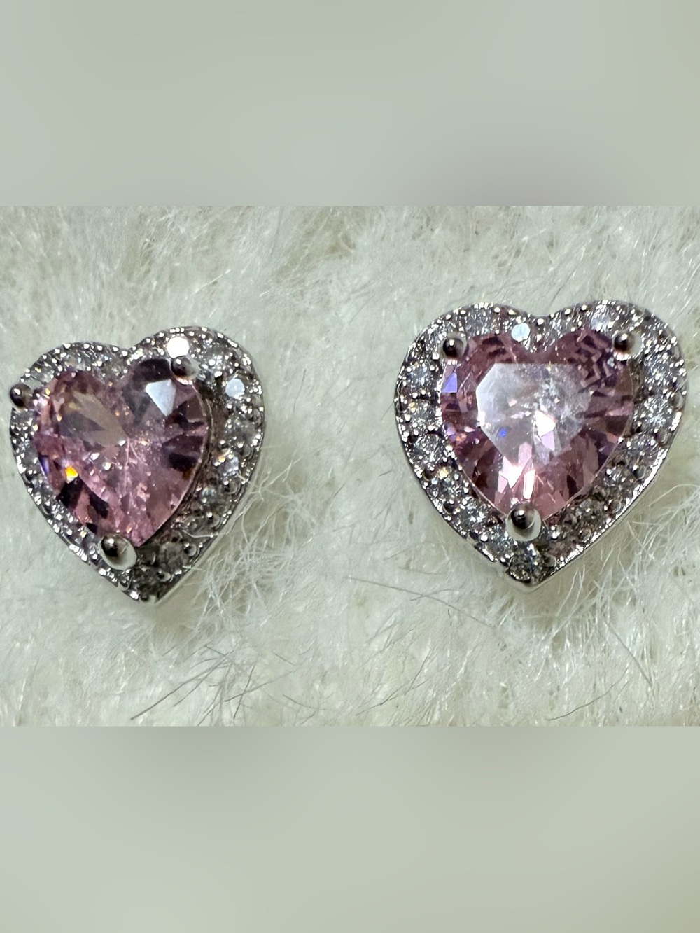 Pink Heart Crystal Stud Earrings in Silver-Tone with Pavé Halo